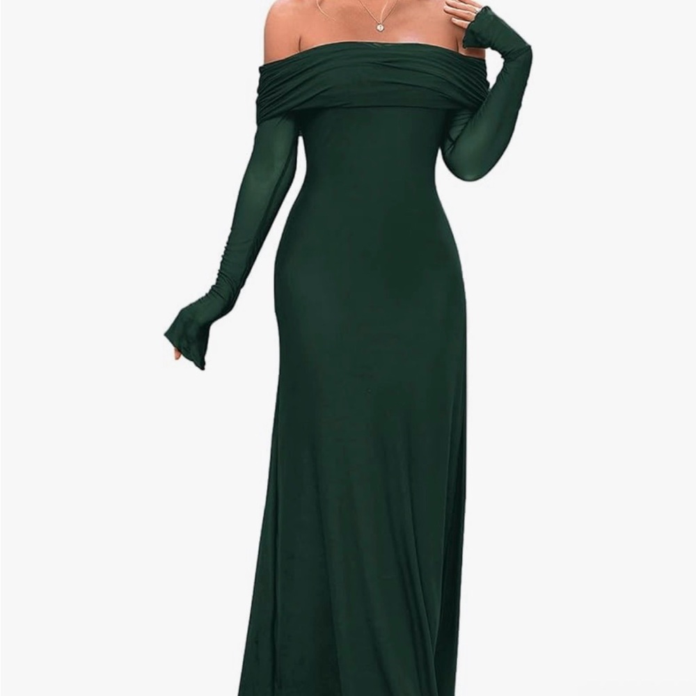 KUTUMAI Forest green Women Off Shoulder Bodycon Maxi Dress Long Sleeve small